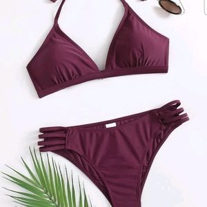 Maroon Solid Cutout Halter 2-piece Bikini